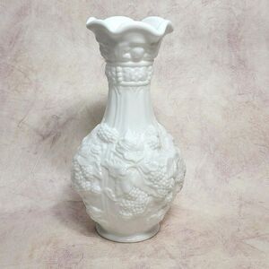 Vtg Imperial 10" White Milk Glass Loganberry Paneled Grape Vase Fenton Glass MCM
